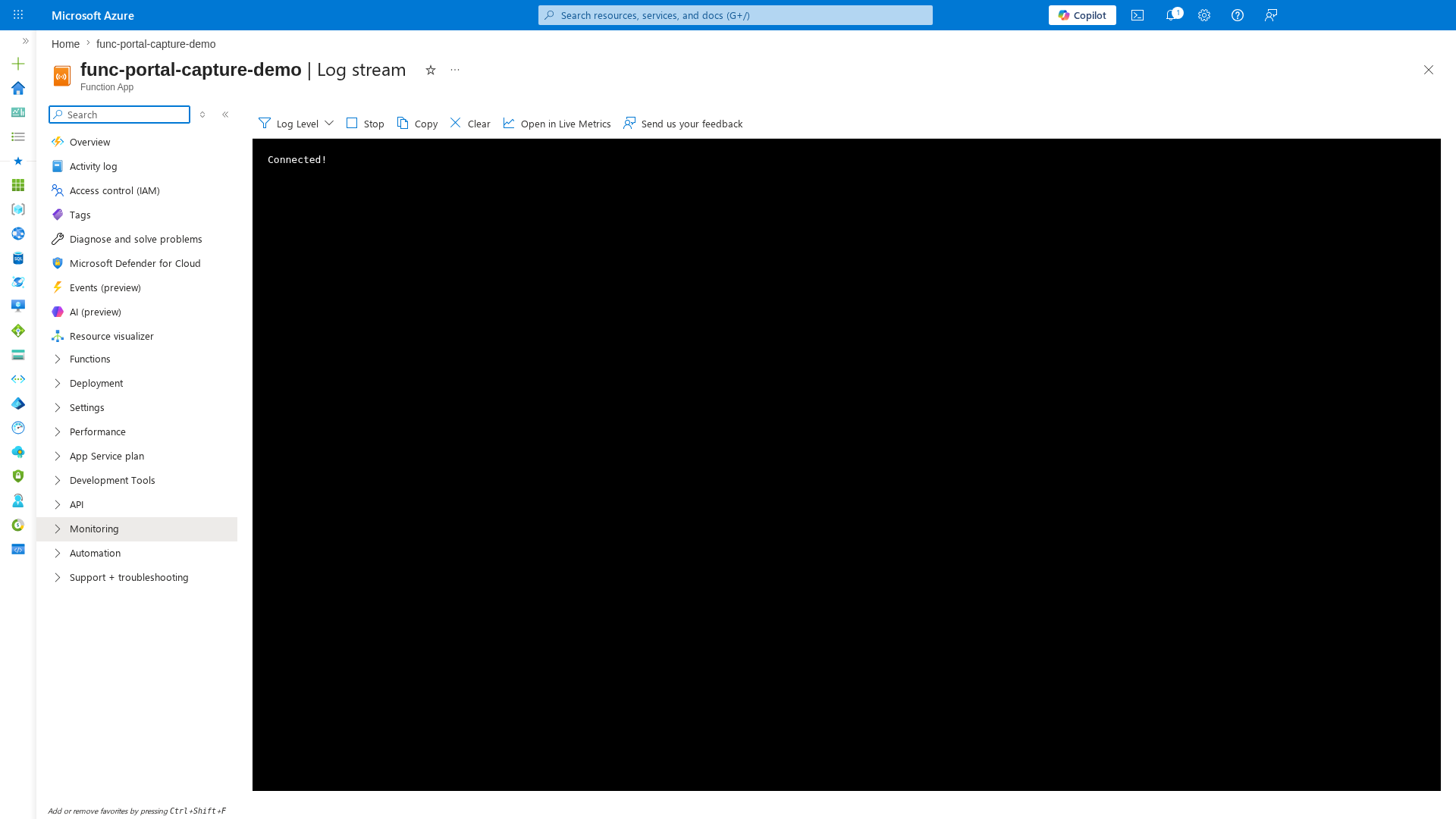 Log stream blade showing Connected status with dark console background