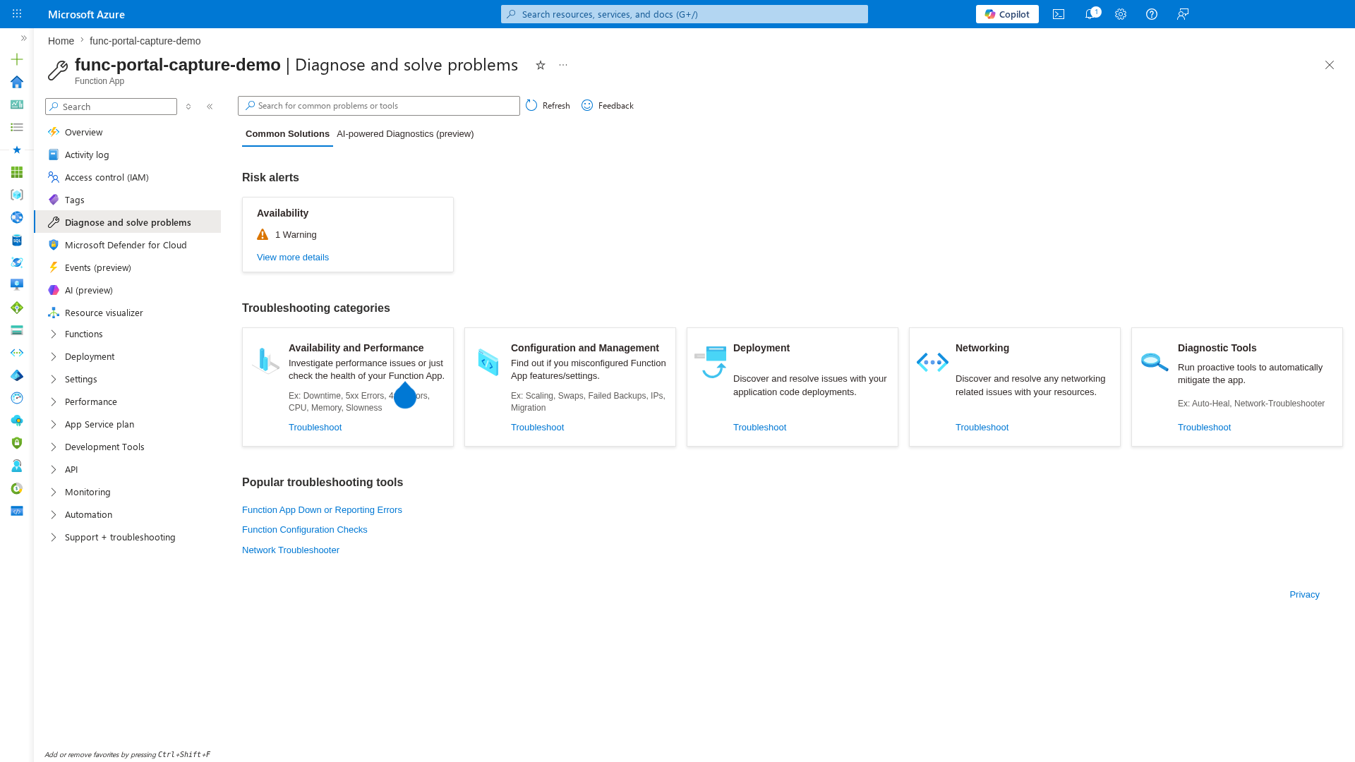 Diagnose and solve problems blade showing 5 troubleshooting categories and risk alerts