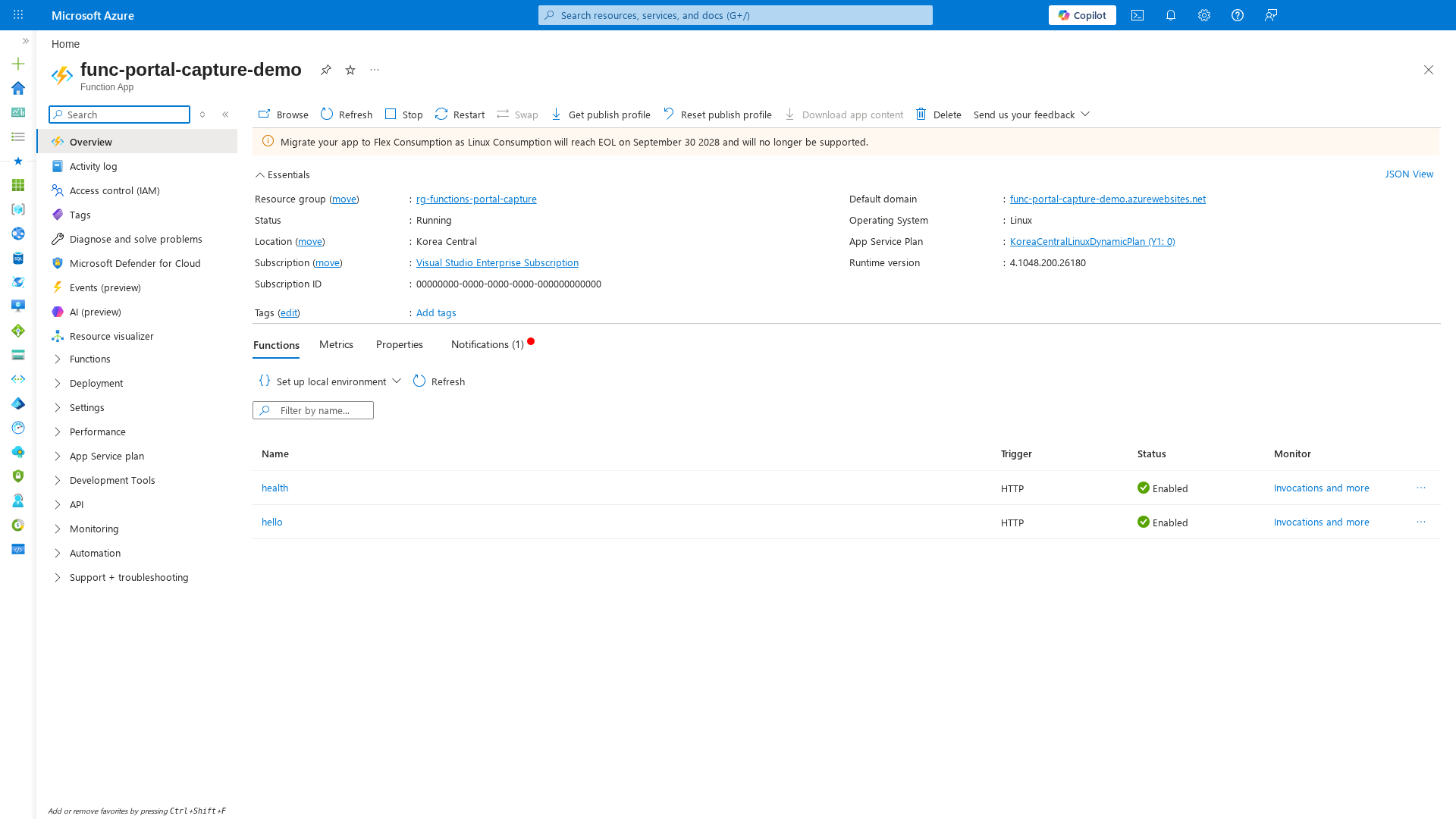 Function App Overview showing plan type and runtime details
