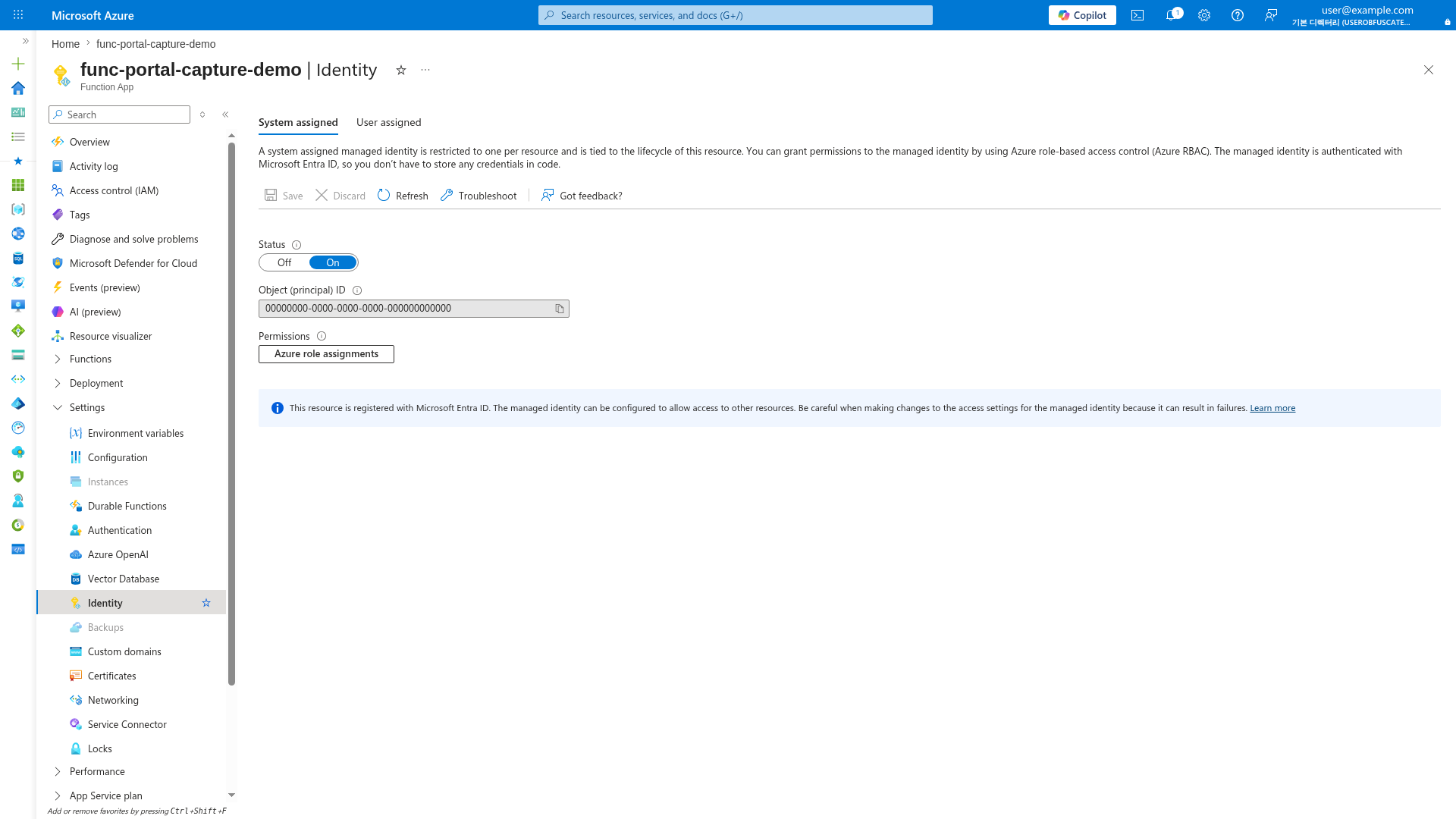 Identity blade showing system-assigned managed identity enabled