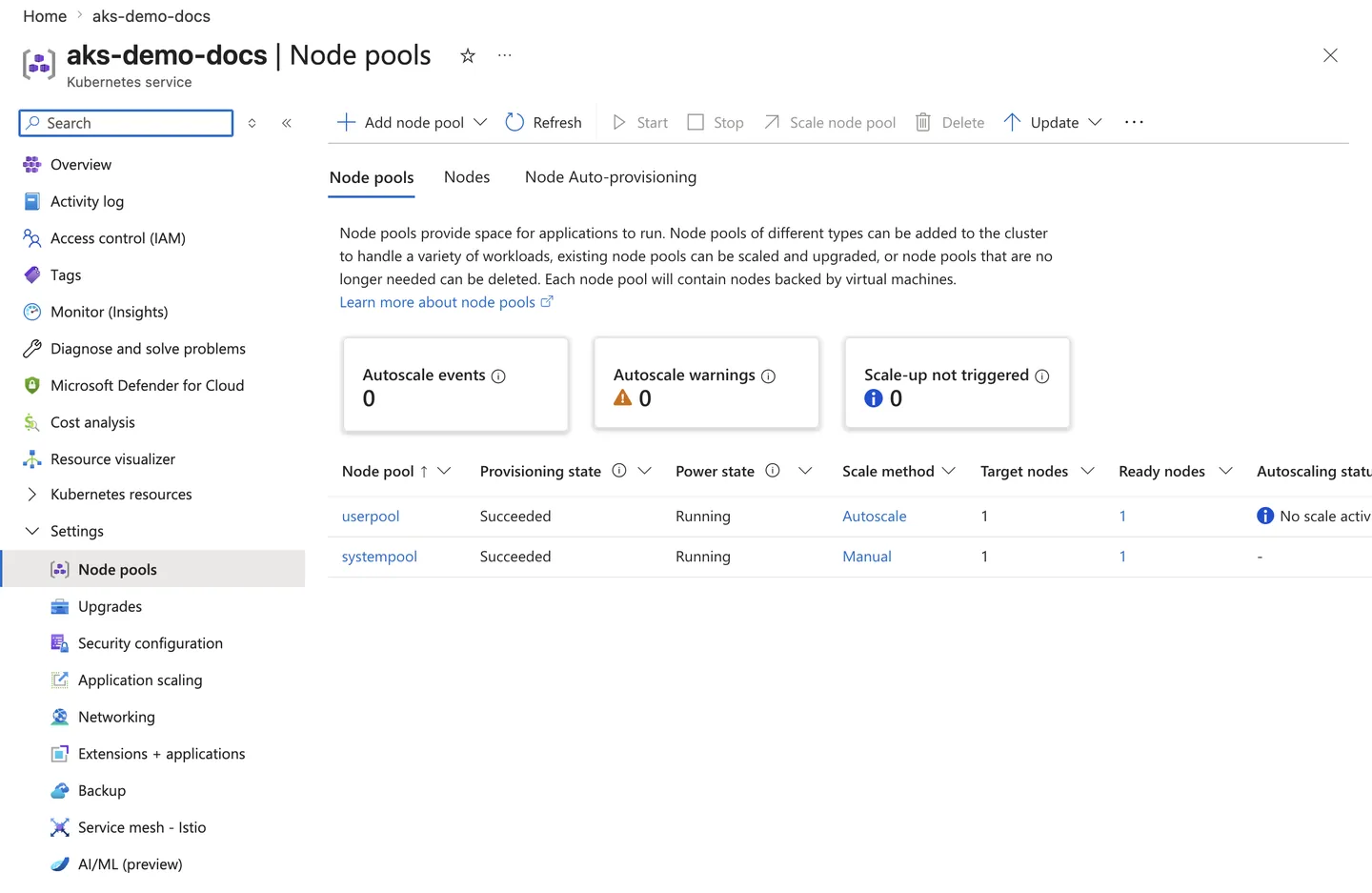 Azure Portal AKS Node pools blade showing a system pool and a user pool with healthy provisioning and power state