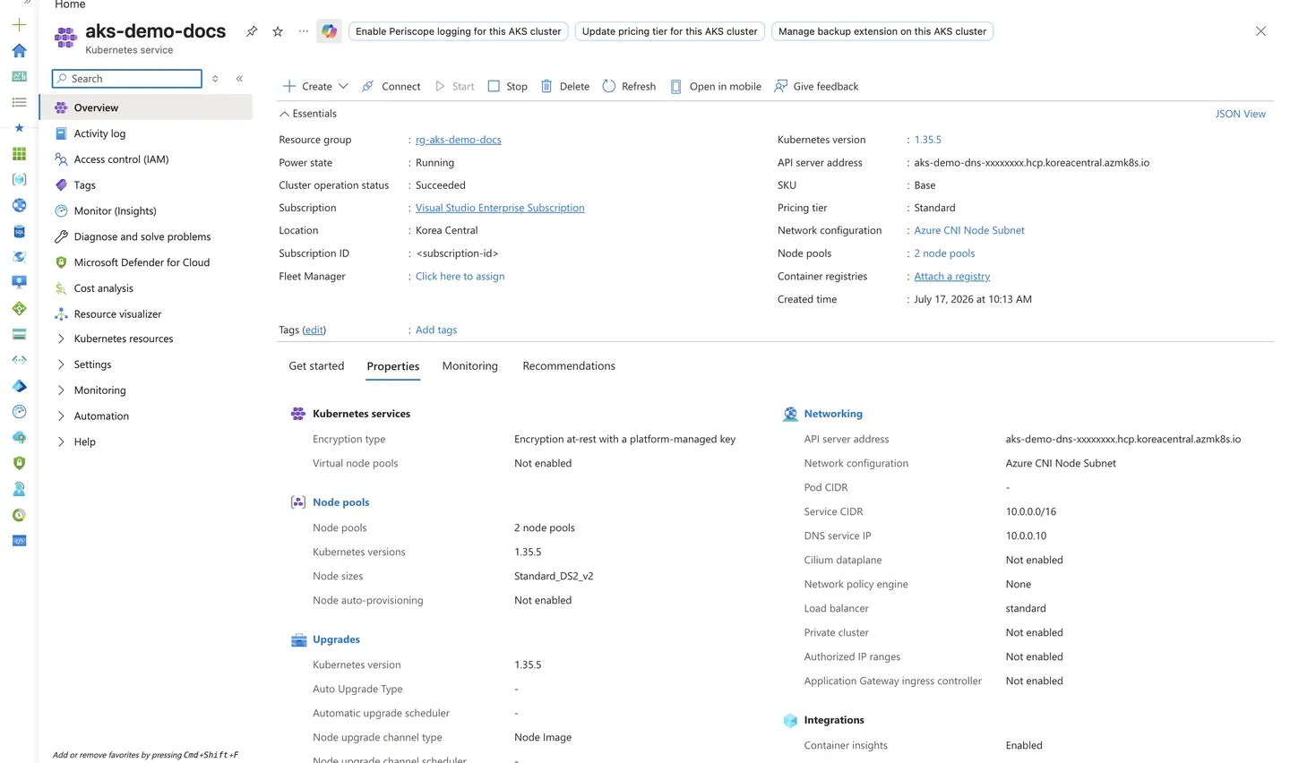 Azure Portal AKS Properties blade showing sanitized cluster essentials, control plane version, and networking profile