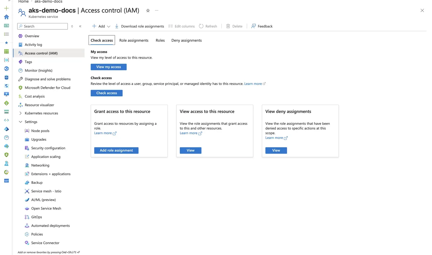 Azure Portal AKS Access control (IAM) blade showing the Check access tab for reviewing role assignments