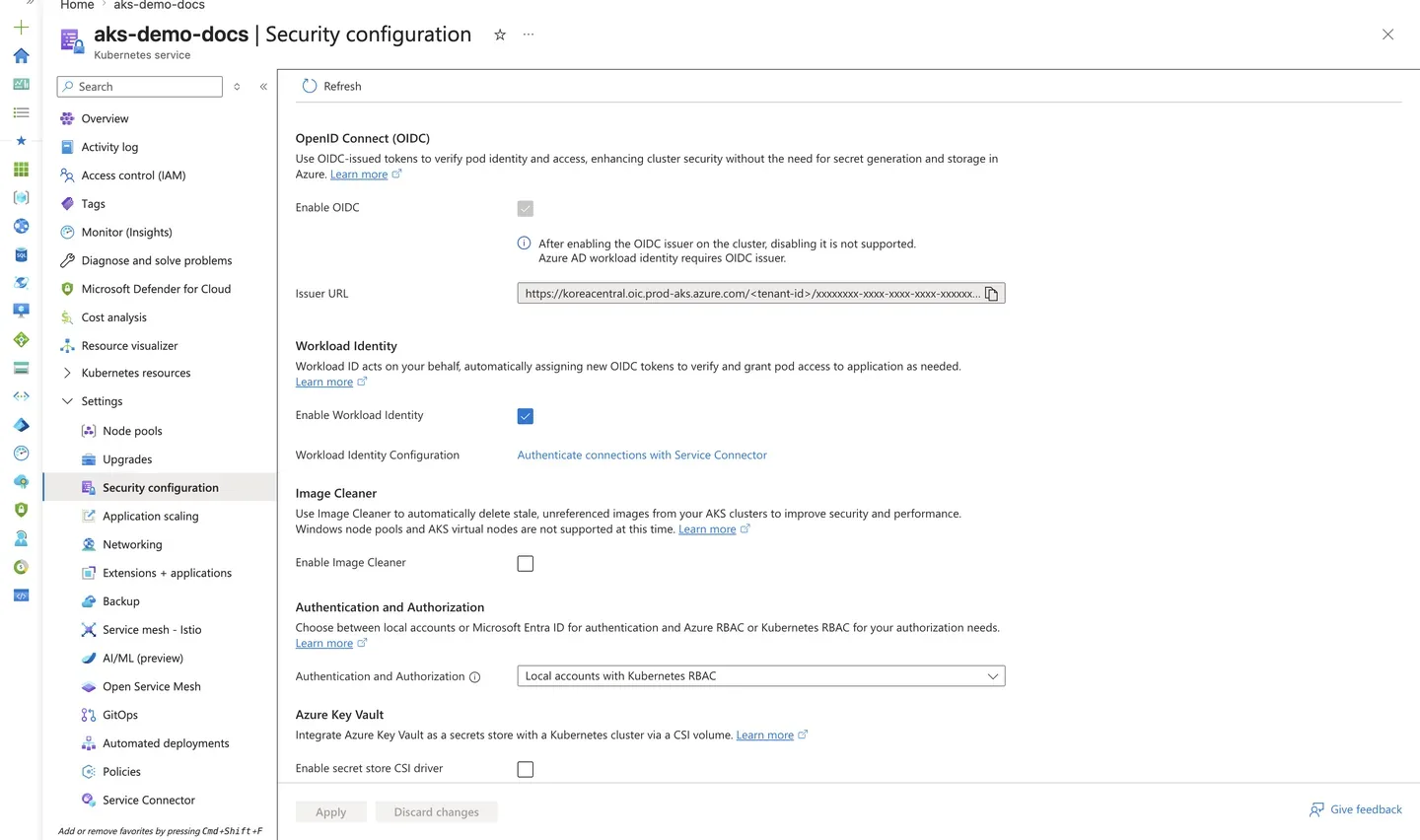 Azure Portal AKS Security configuration blade showing an enabled OIDC issuer URL and workload identity