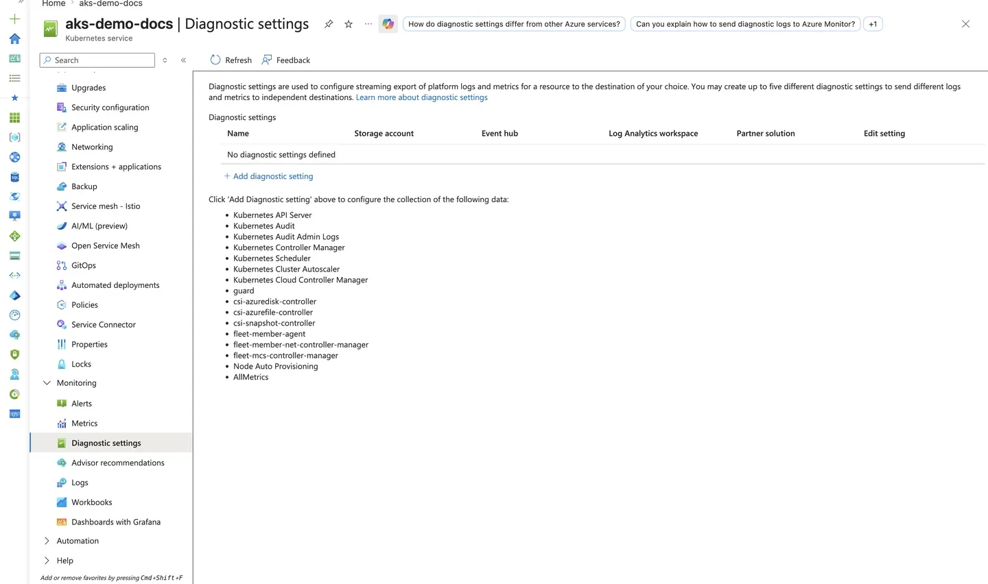 Azure Portal AKS Diagnostic settings blade listing the available log categories to export
