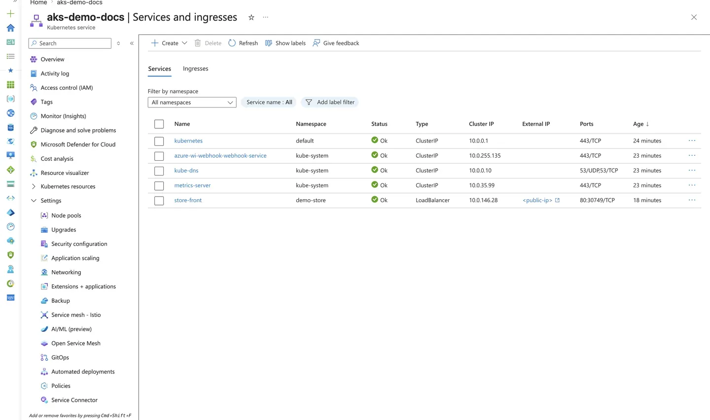 Azure Portal AKS Services and ingresses blade showing a LoadBalancer service with a sanitized external IP