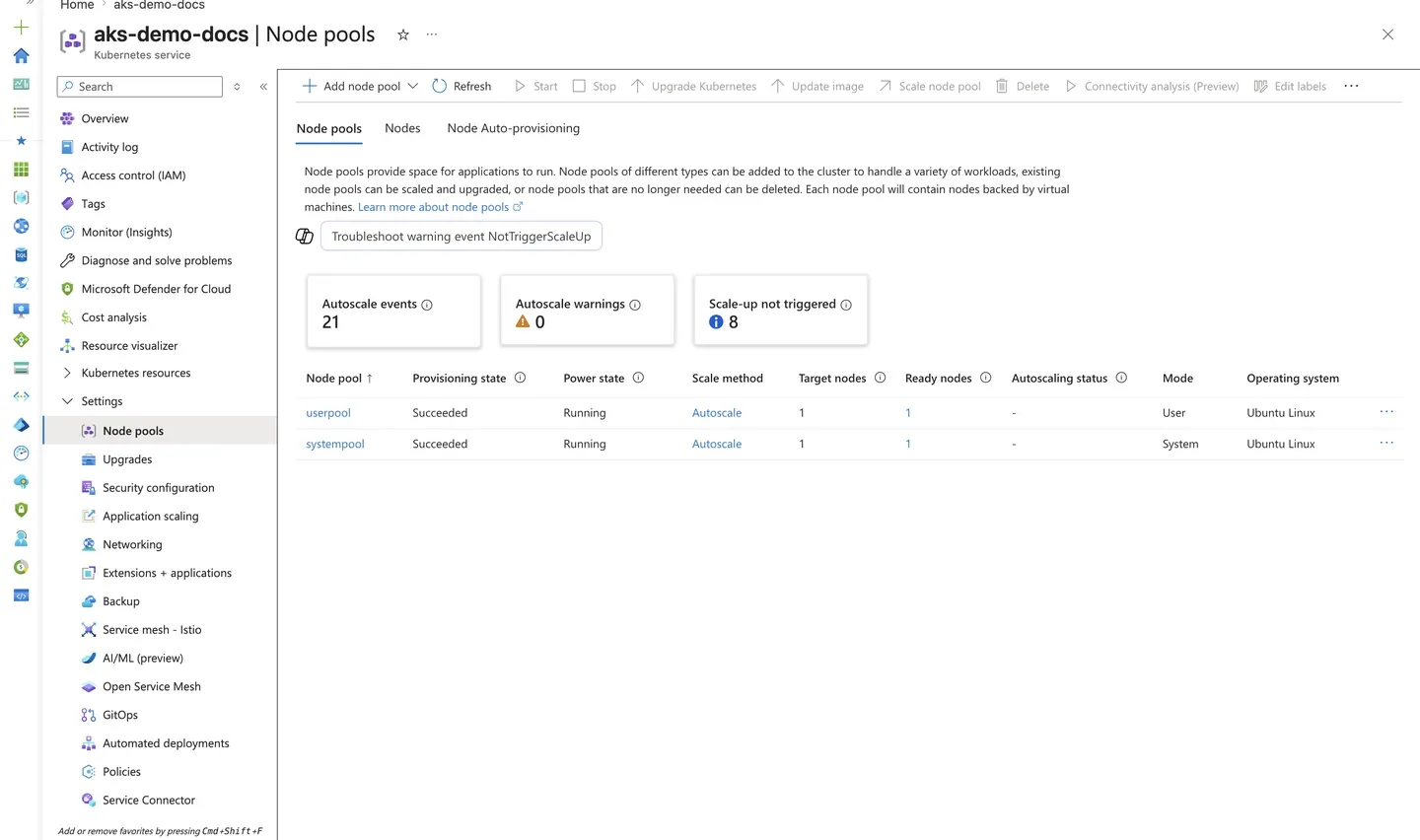Azure Portal AKS Node pools blade showing a system pool and a user pool with healthy provisioning and power state