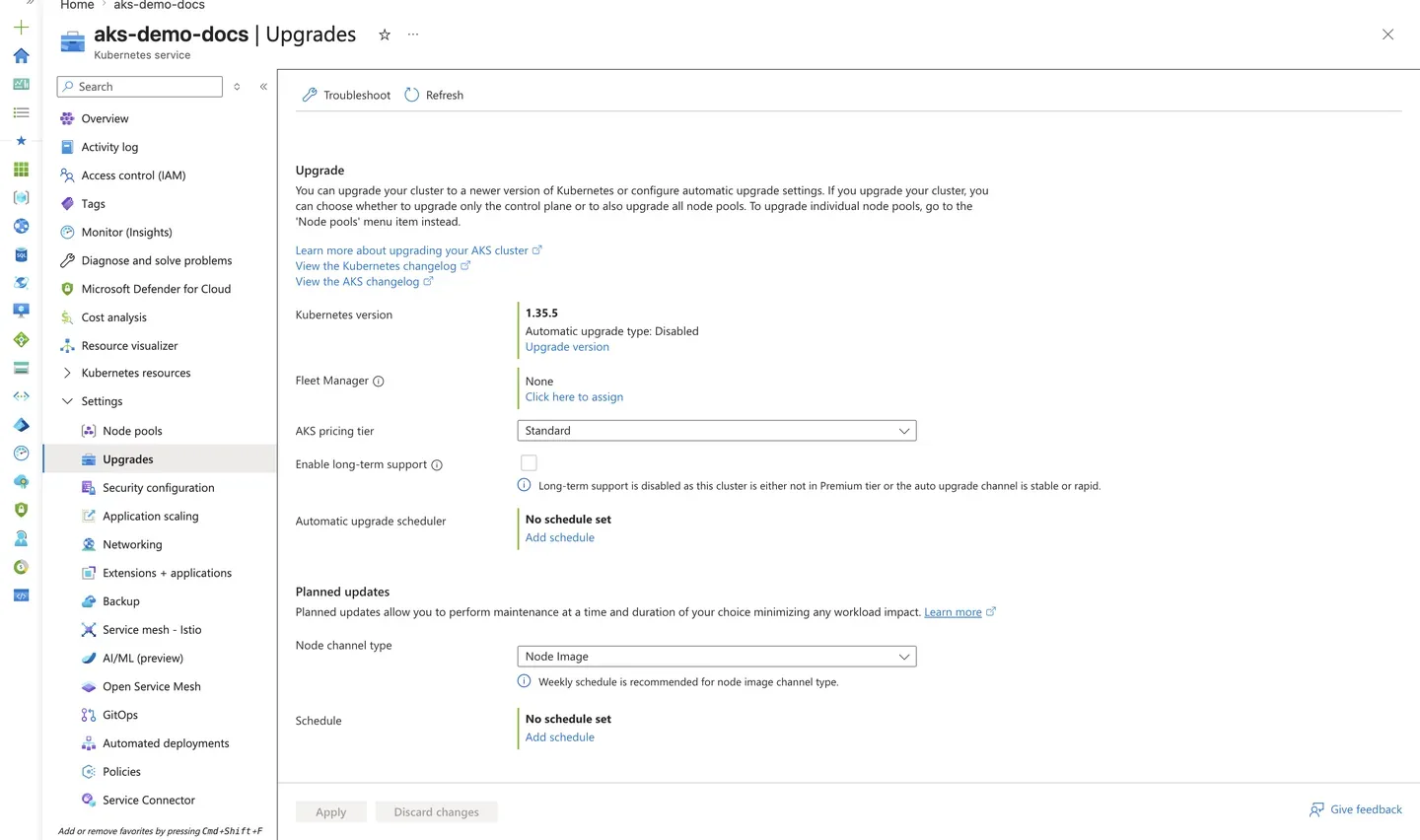 Azure Portal AKS Upgrades blade showing the current Kubernetes version and disabled automatic upgrade channel