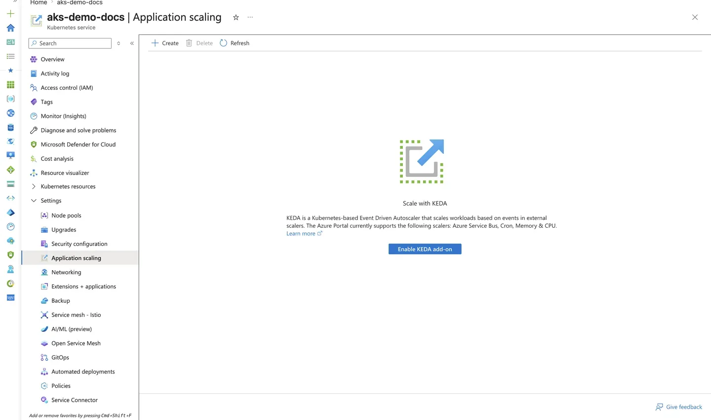 Azure Portal AKS Application scaling blade showing the option to enable the KEDA add-on