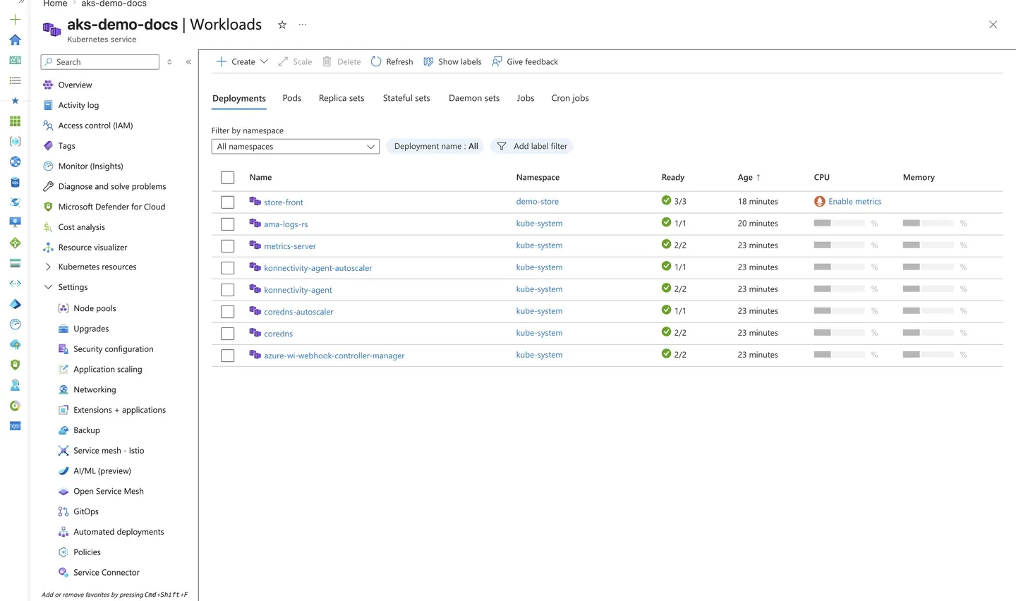 Azure Portal AKS Workloads blade showing a Deployment with all replicas ready